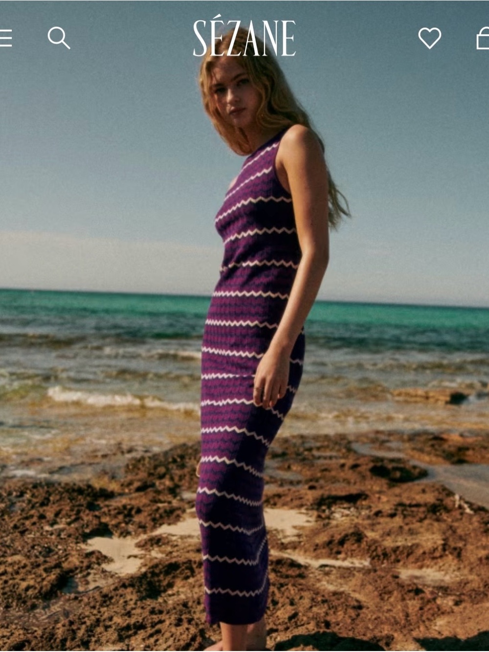 Sezane Eliona Dress: Purple Zigzag 100% Organic Cotton Knit Midi Dress Size L